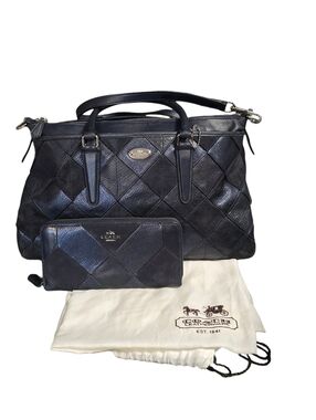 Coach Morgan patchwork satchel in a navy blue diamond pattern,
